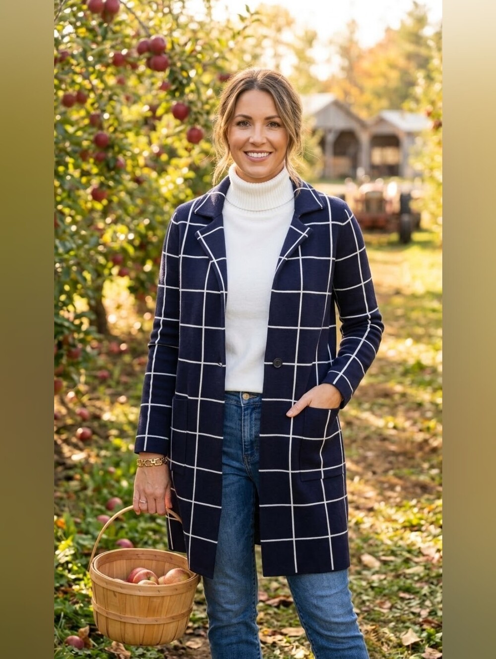 NOVELTI (RW&CO) Veste longue Tricot Epais Structuré bleu marine à carreaux blanc
